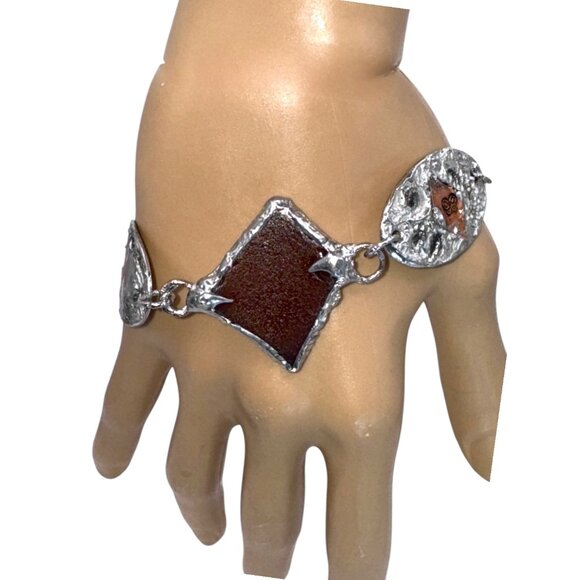 Amber Sea Glass Mixed Metals Butterfly Bracelet w/ Artisan Silver & Copper Cabs - Picture 3 of 15